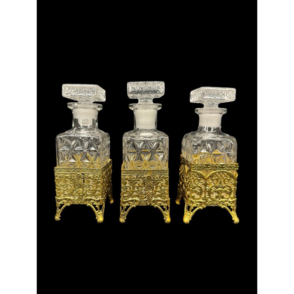 Antique Gold-Tone Filigree Crystal Perfume Bottles Set (3 Piece)
